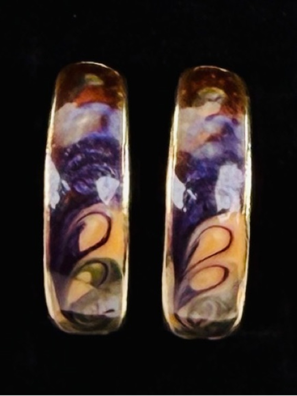 Vintage goldtone swirl enamel, half hoop earrings pierced